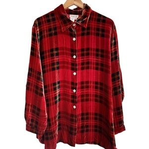 Coldwater Creek Red Plaid Silk Blend Velvet Button Down Shirt Womens 2X Large